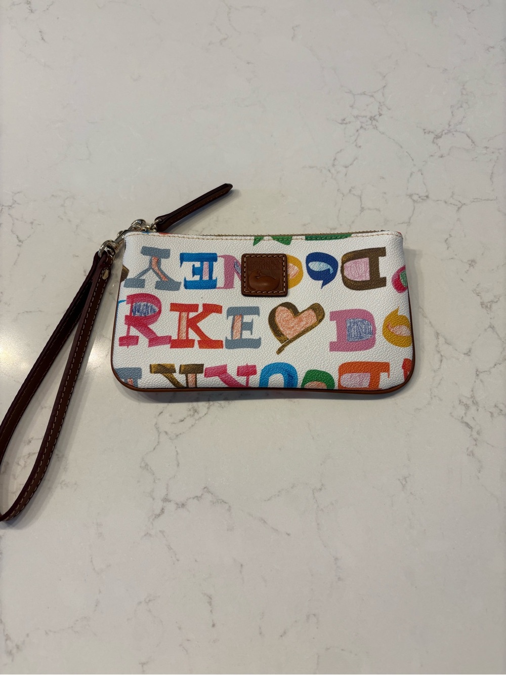 Dooney & Bourke White Multicolor Alphabet Wristlet with Brown Strap